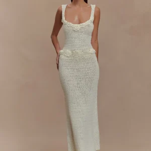 Teagan Floral Hand Crochet Midi Dress - Ivory
