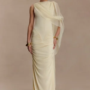 Amandine Ruched Slinky Maxi Dress - Lemon