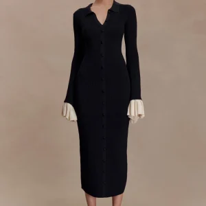 Amirose Ruffle Knit Midi Dress - Black