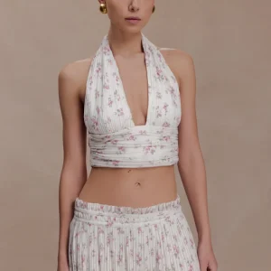 Amaris Sleeveless Plisse Halter Top - Floral Ditsy Print