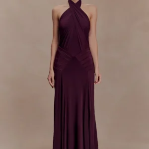 Indira Gathered Slinky Halter Maxi Dress - Mahogany