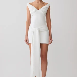 Runa Off Shoulder Mini Dress With Waist Tie - White